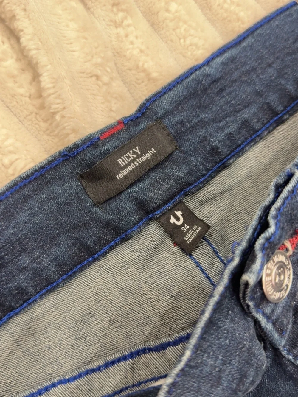 True Religion Men’s dark gloom Denim Jeans with Red Stitching